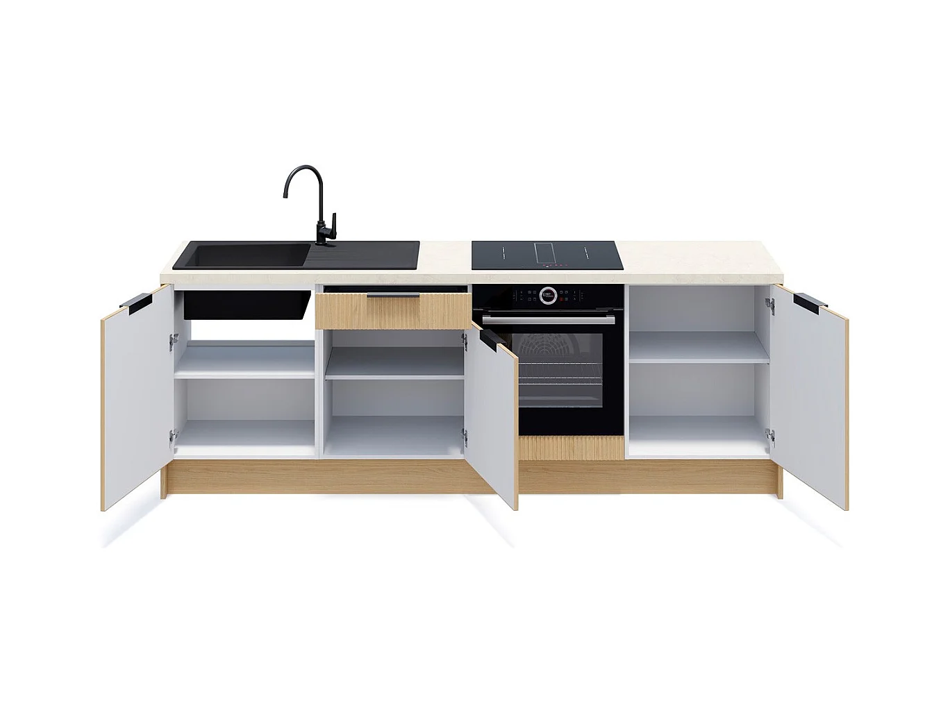 Meubles bas de cuisine - L. 245 cm - chêne clair cannelé - Sierra Mix