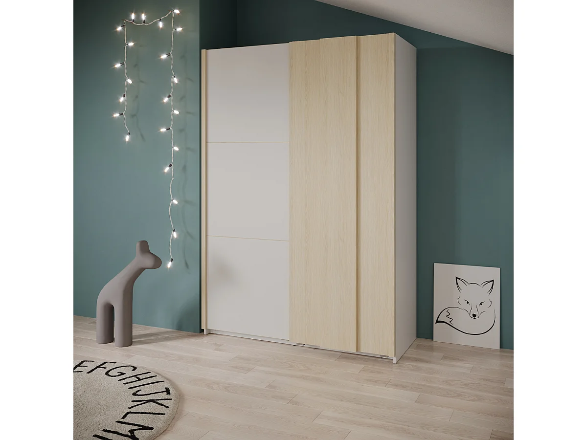Armoire 2 portes coulissantes décor blanc et chêne de fil L140,1 cm - HEVA