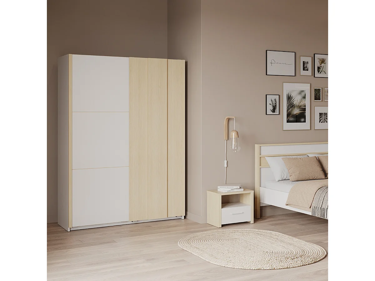 Szafa z 2 drzwiami przesuwnymi, wykończenie biały i dąb, L140,1 cm - HEVA