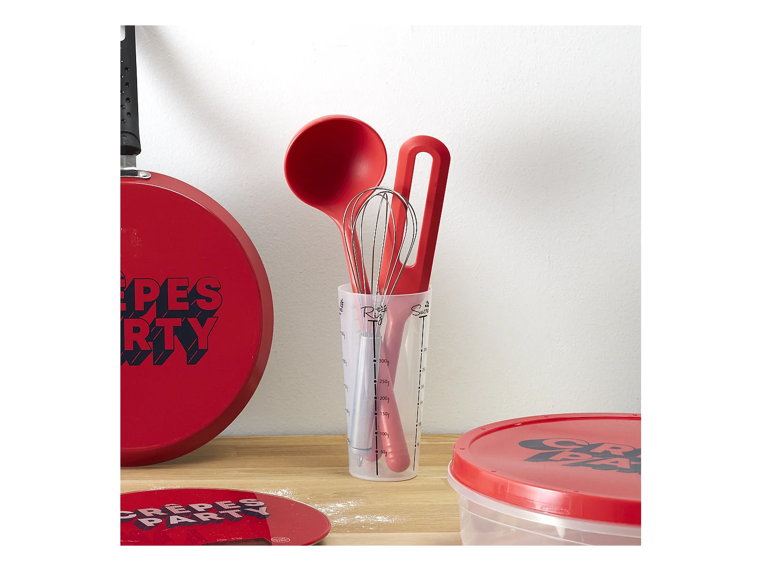 Set 3 Ustensiles Avec Verre Doseur Rouge, Transparent
