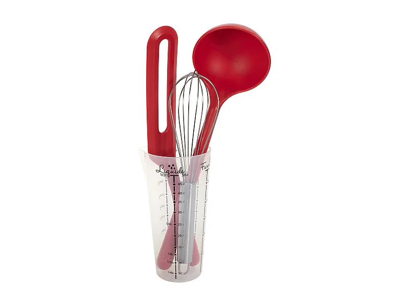 Set 3 Ustensiles Avec Verre Doseur Rouge, Transparent