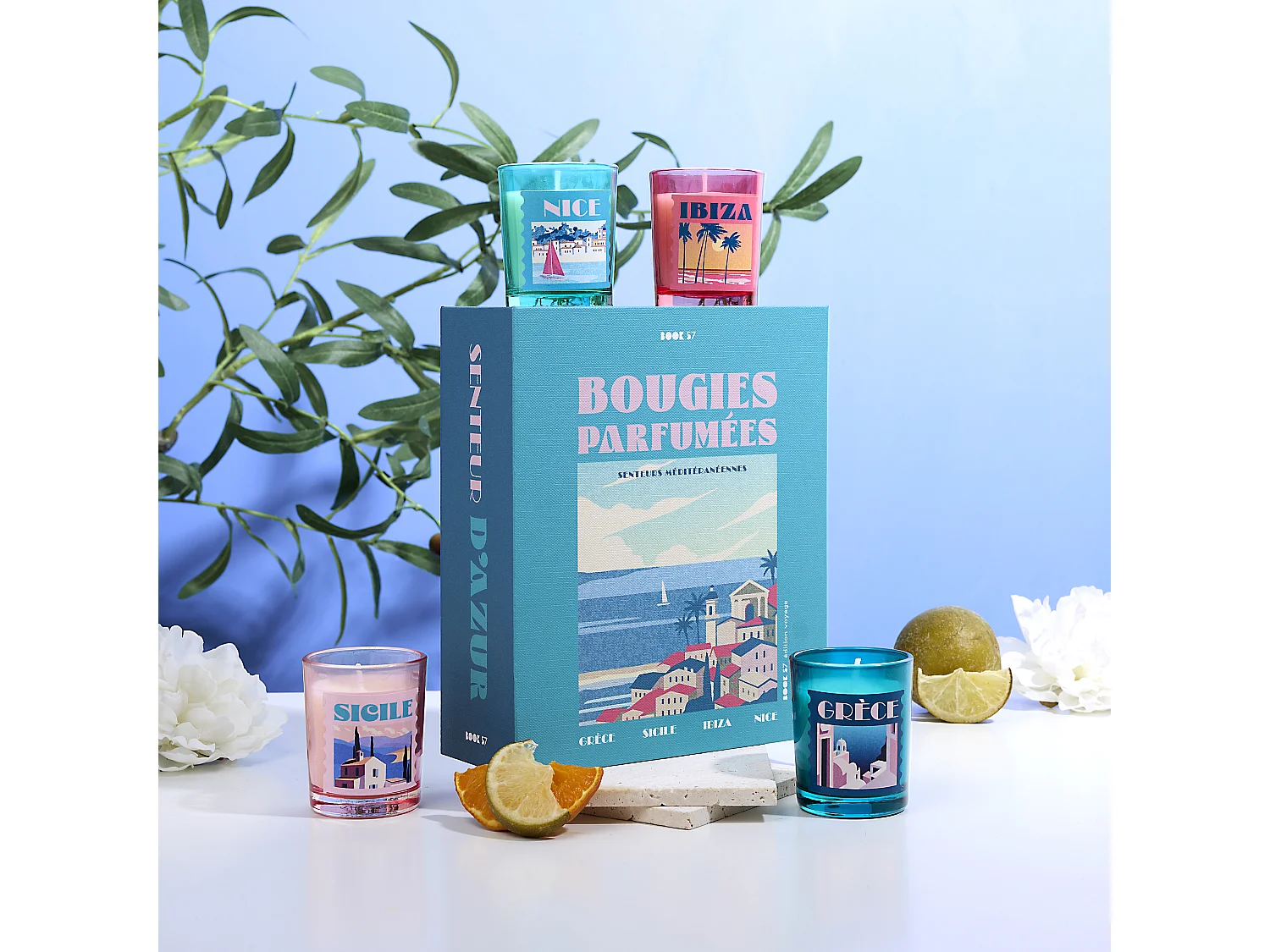 Bougie Parfumee X4 Coffret Voyage Bleu, Violet, Rose, Gris