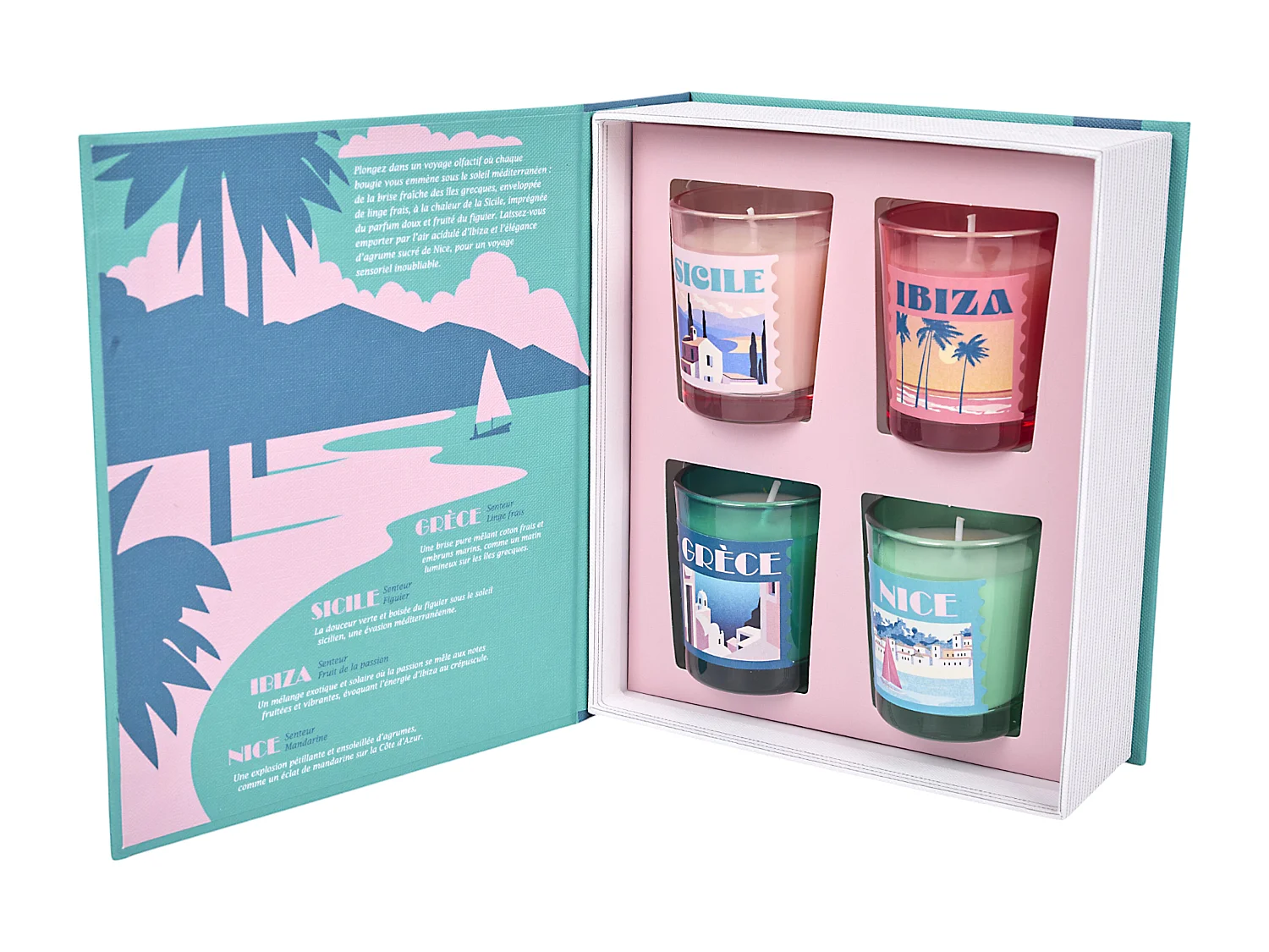 Bougie Parfumee X4 Coffret Voyage Bleu, Violet, Rose, Gris