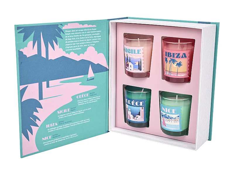 Bougie Parfumee X4 Coffret Voyage Bleu, Violet, Rose, Gris