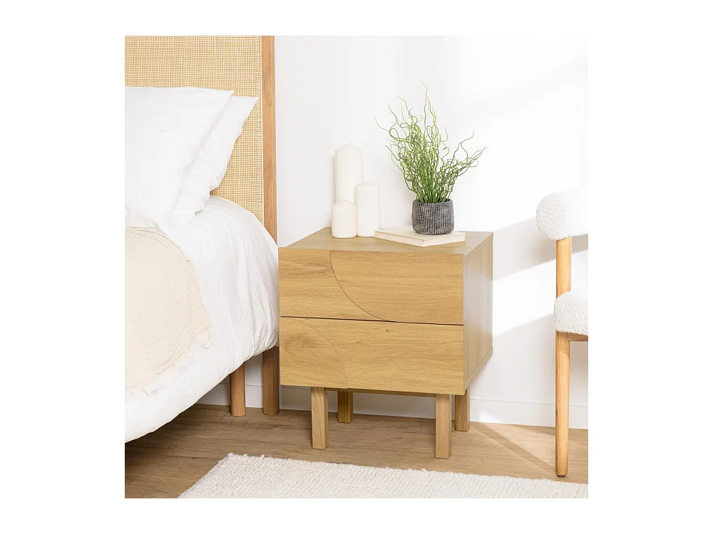 ETHAN - Table de chevet bois 2 tiroirs motif arrondi couleur naturelle