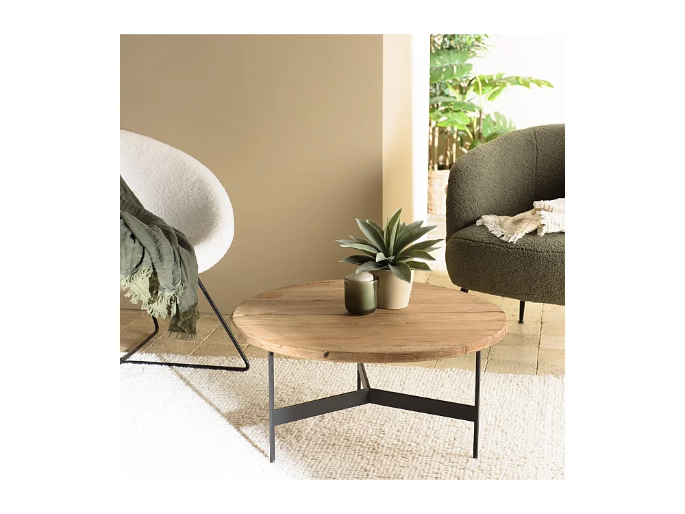 DANDY - Table basse ronde 70x70cm bois Pin recyclé et pieds métal noir