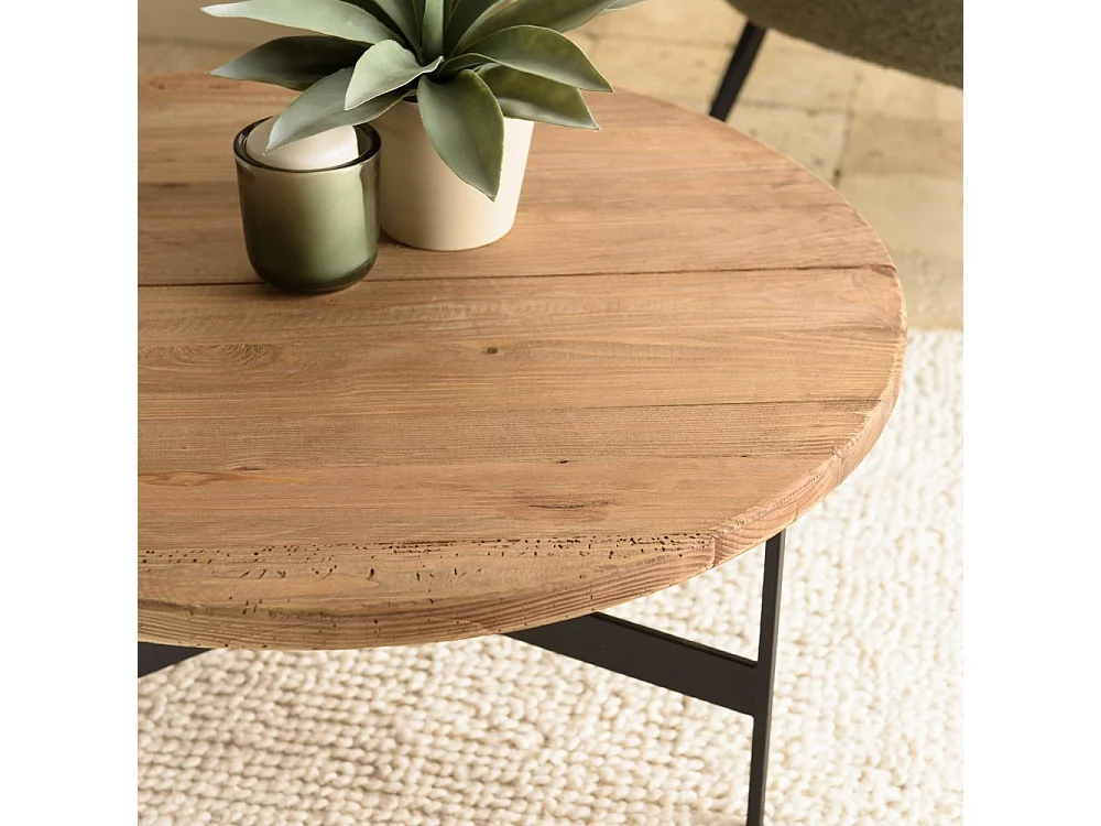 DANDY - Table basse ronde 70x70cm bois pin recyclé et pieds métal noir