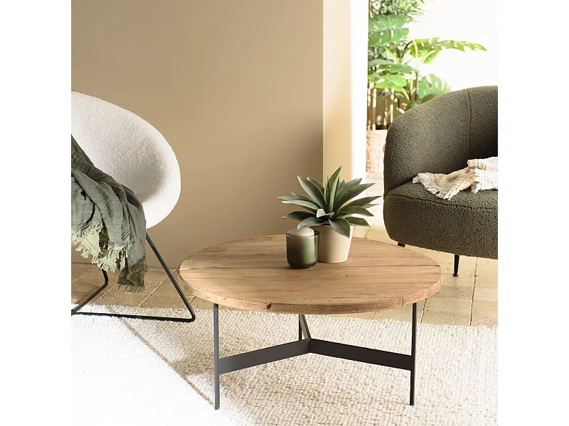 DANDY - Table basse ronde 70x70cm bois pin recyclé et pieds métal noir