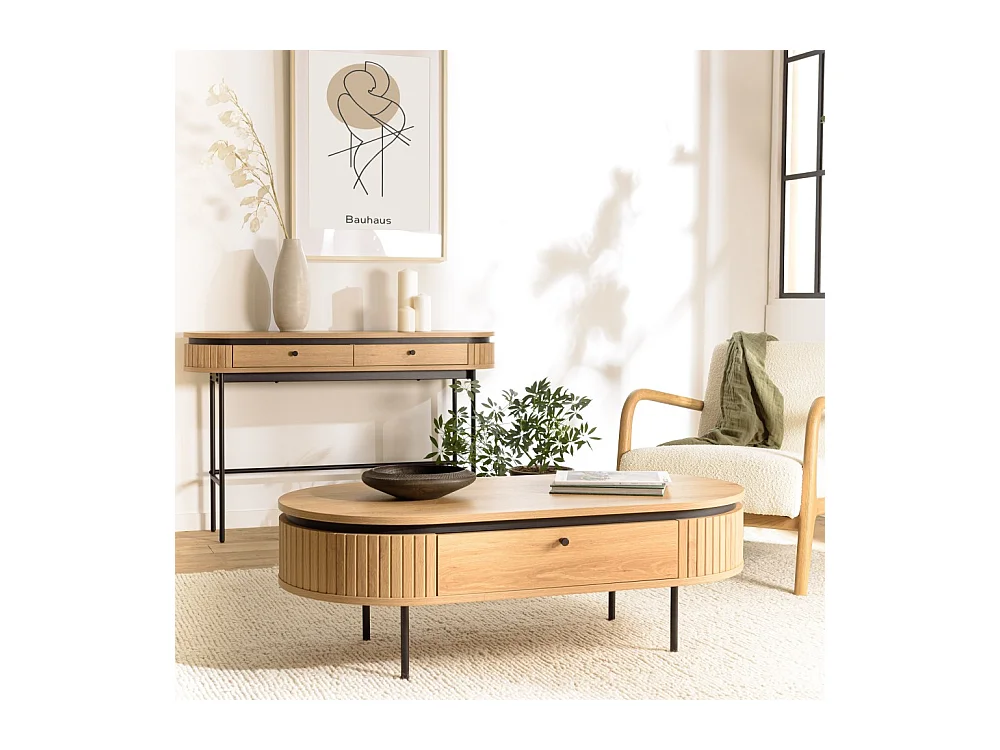 ETHAN - Table basse arrondie couleur naturelle 2 tiroirs