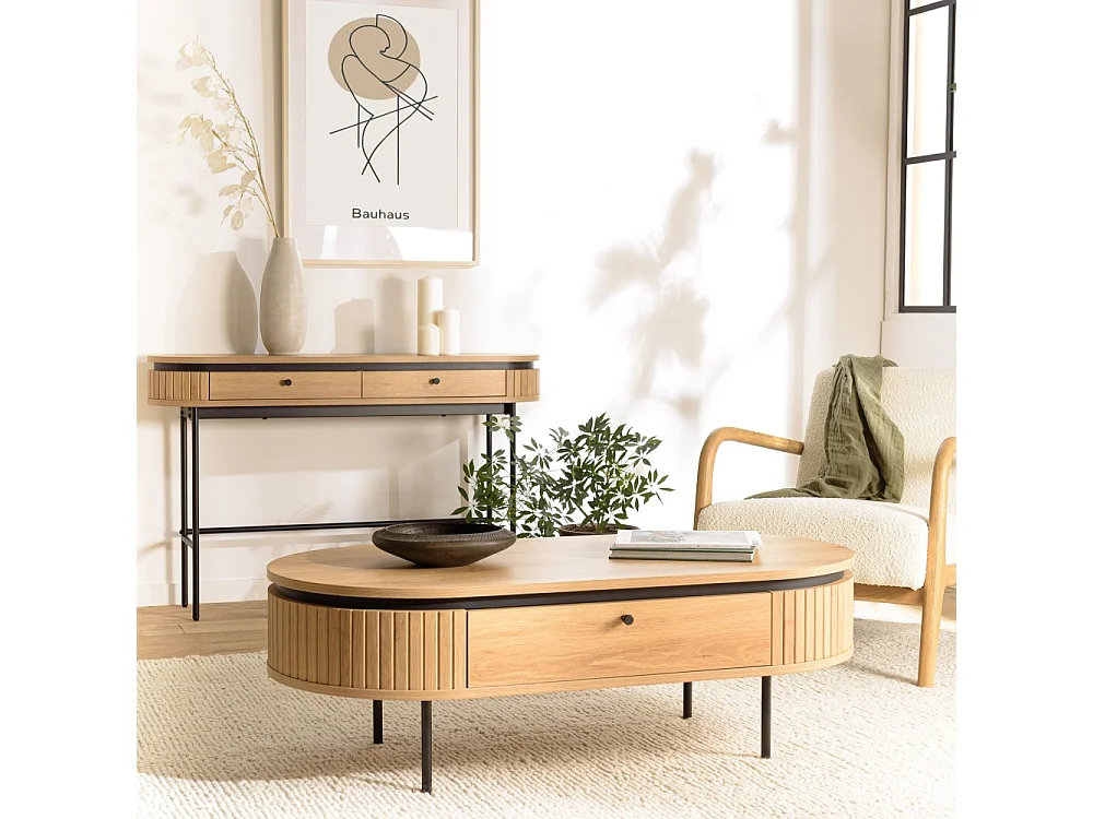 ETHAN - Table basse arrondie bois couleur naturelle 2 tiroirs