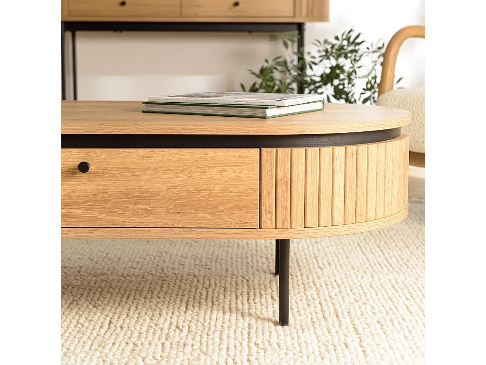 ETHAN - Table basse arrondie bois couleur naturelle 2 tiroirs