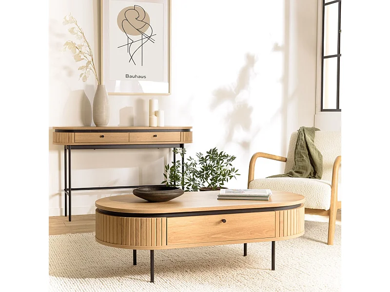 ETHAN - Table basse arrondie bois couleur naturelle 2 tiroirs