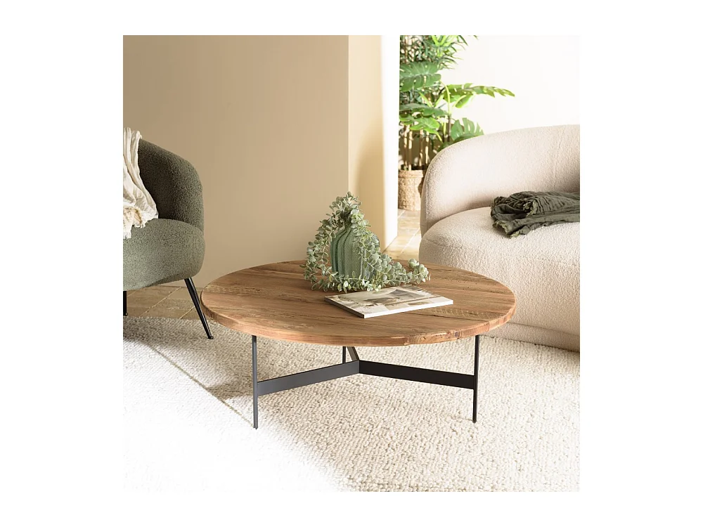 DANDY - Table basse ronde 90x90cm bois Pin recyclé et pieds métal noir