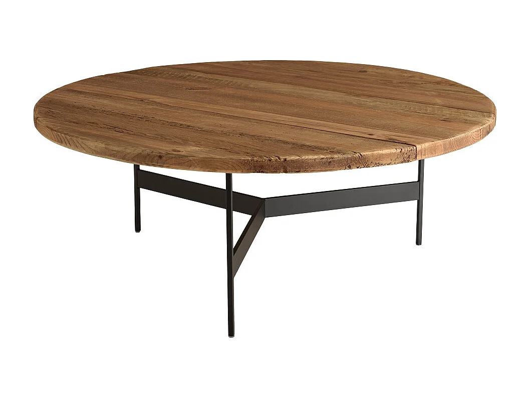 DANDY - Table basse ronde 90x90cm bois Pin recyclé et pieds métal noir