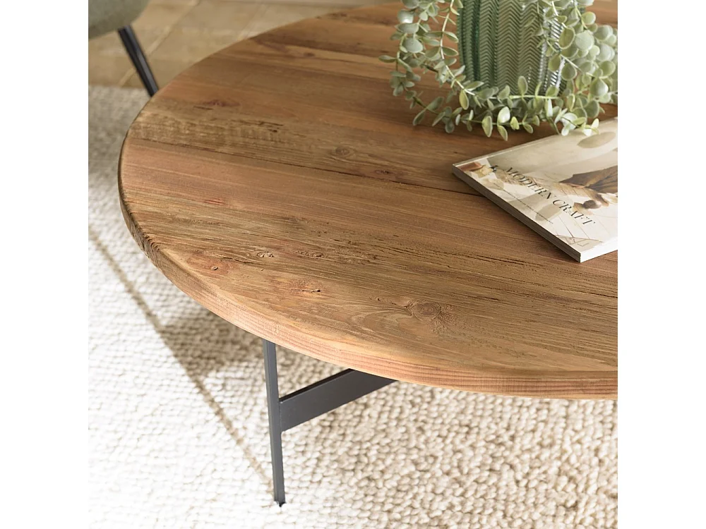 DANDY - Table basse ronde 90x90cm bois Pin recyclé et pieds métal noir