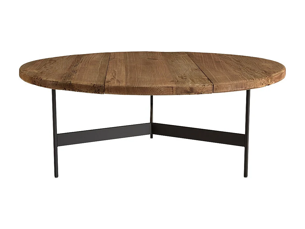 DANDY - Table basse ronde 90x90cm bois Pin recyclé et pieds métal noir