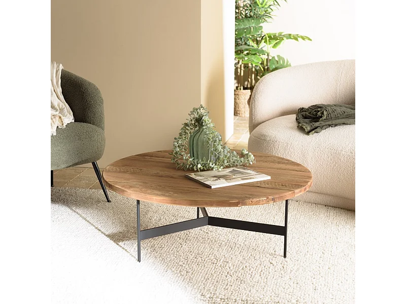 DANDY - Table basse ronde 90x90cm bois Pin recyclé et pieds métal noir