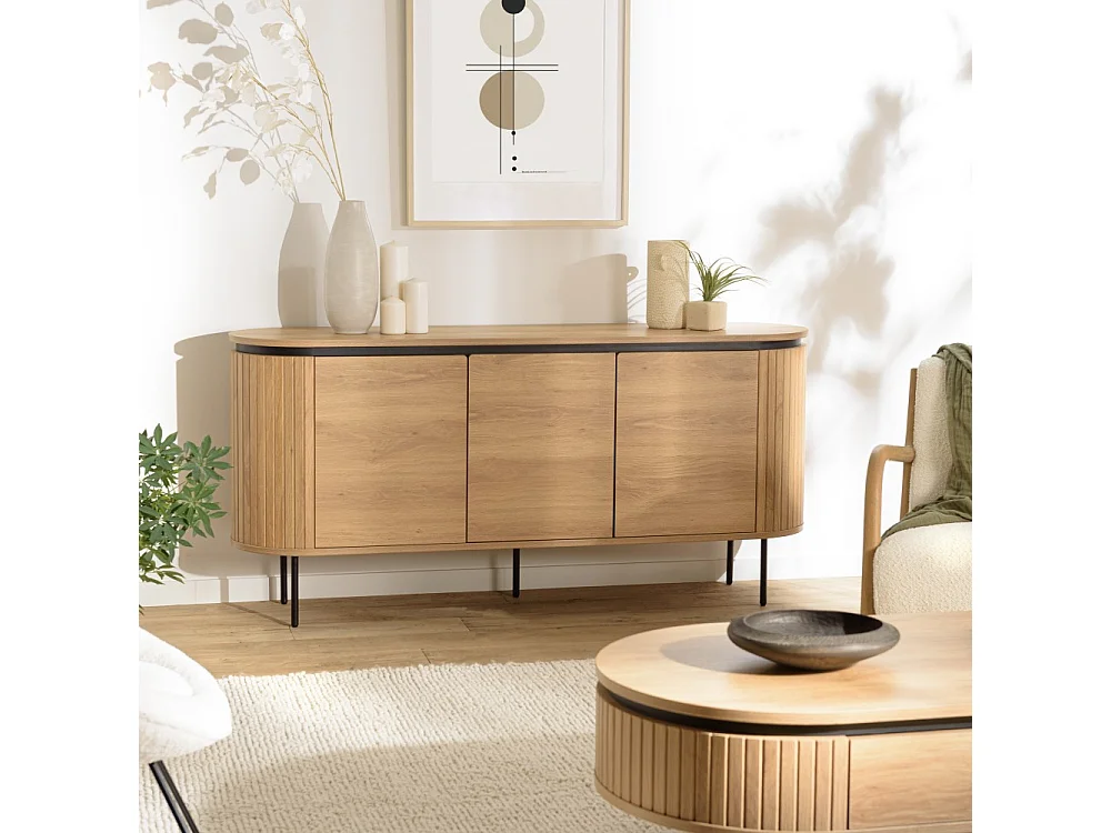 ETHAN - Buffet arrondi bois couleur naturelle 3 portes