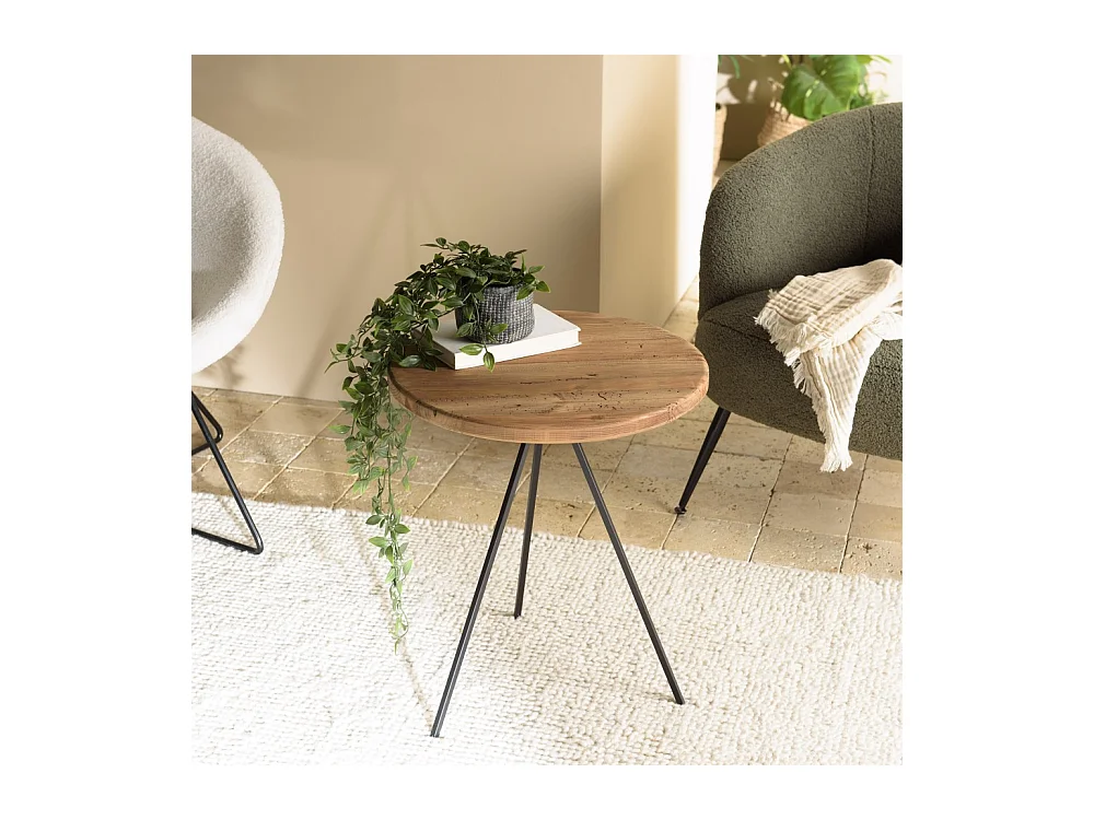 DANDY - Table basse ronde 70x70cm bois Pin recyclé et pieds métal noir