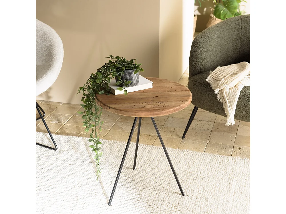 DANDY - Table basse ronde 70x70cm bois Pin recyclé et pieds métal noir