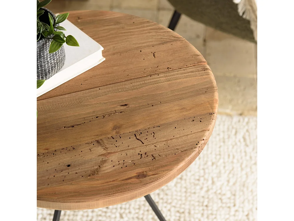 DANDY - Table basse ronde 70x70cm bois Pin recyclé et pieds métal noir