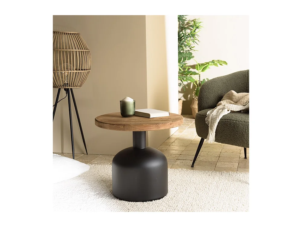 DANDY - Table d'appoint ronde 50x50cm bois Pin recyclé pied métal noir