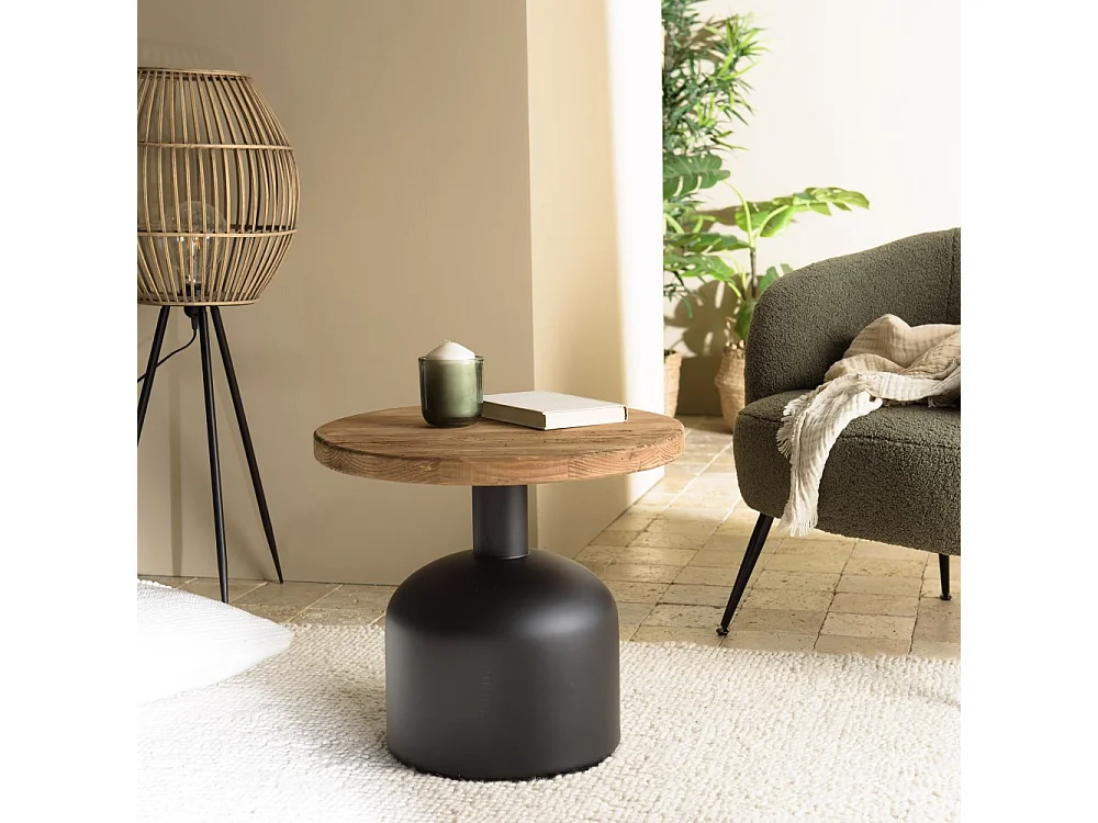 DANDY - Table d'appoint ronde 50x50cm bois Pin recyclé pied métal noir