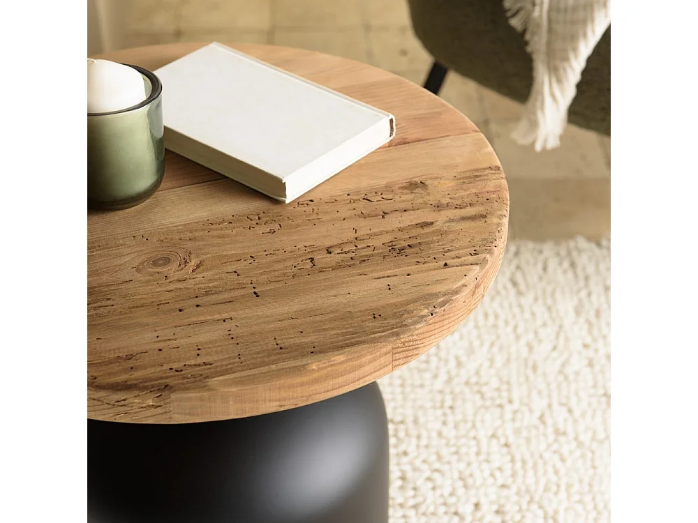 DANDY - Table d'appoint ronde 50x50cm bois Pin recyclé pied métal noir