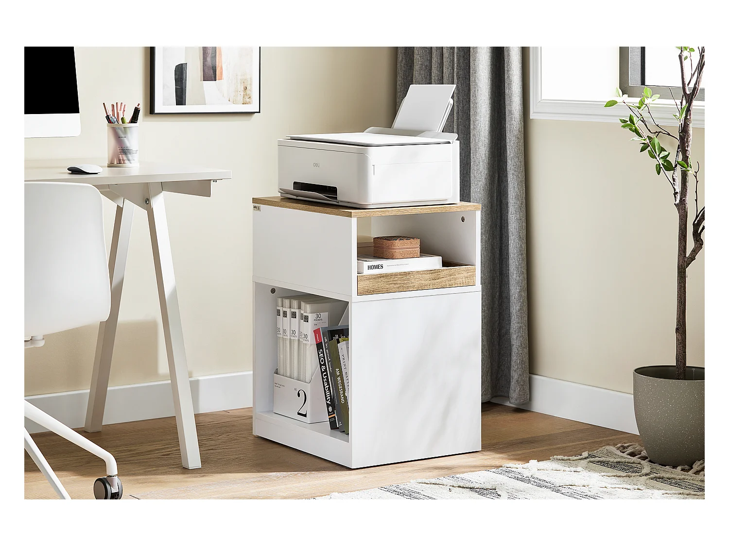 SoBuy Caisson de Bureau Mobile Tiroir Amovible Compartiments Mélaminé Blanc 400x460x860mm