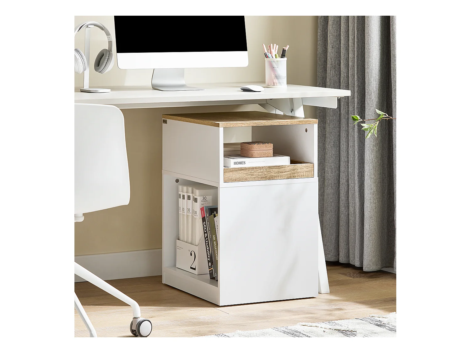 SoBuy Caisson de Bureau Mobile Tiroir Amovible Compartiments Mélaminé Blanc 400x460x860mm
