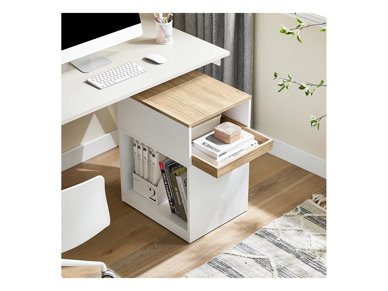 SoBuy Caisson de Bureau Mobile Tiroir Amovible Compartiments Mélaminé Blanc 400x460x860mm