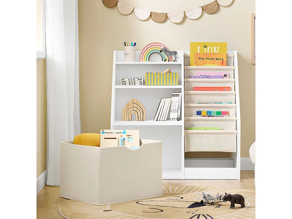 SoBuy Estantería infantil Montessori con 3 estantes y 1 cesta multifuncional para juguetes ahorra espacio Blanco 80x40x80cm