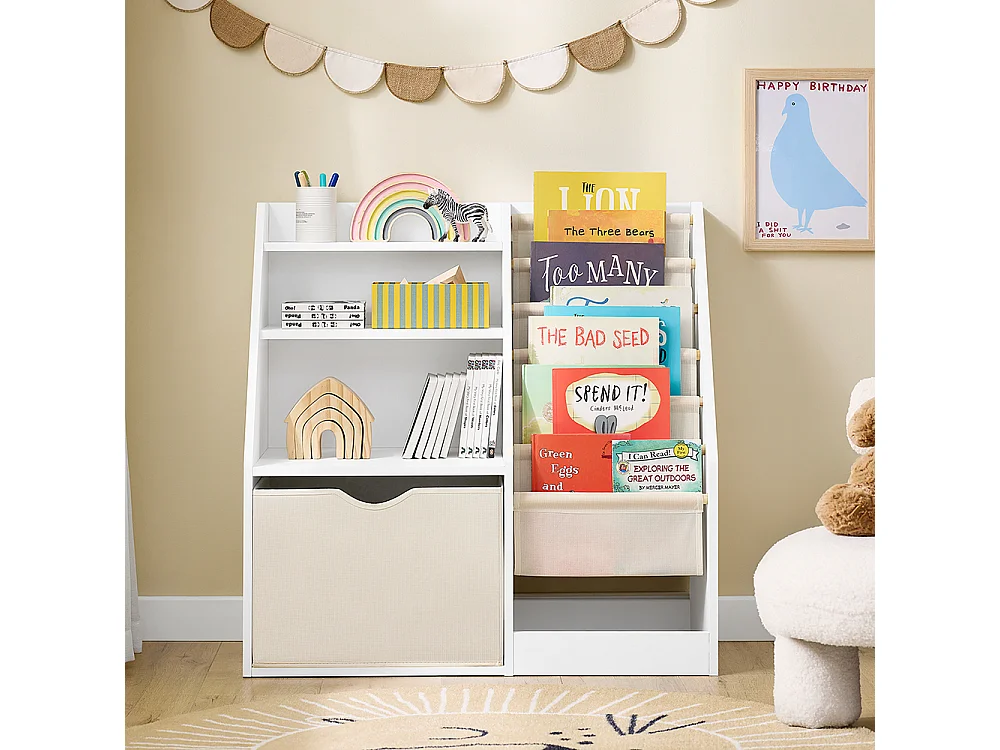 SoBuy Estantería infantil Montessori con 3 estantes y 1 cesta multifuncional para juguetes ahorra espacio Blanco 80x40x80cm