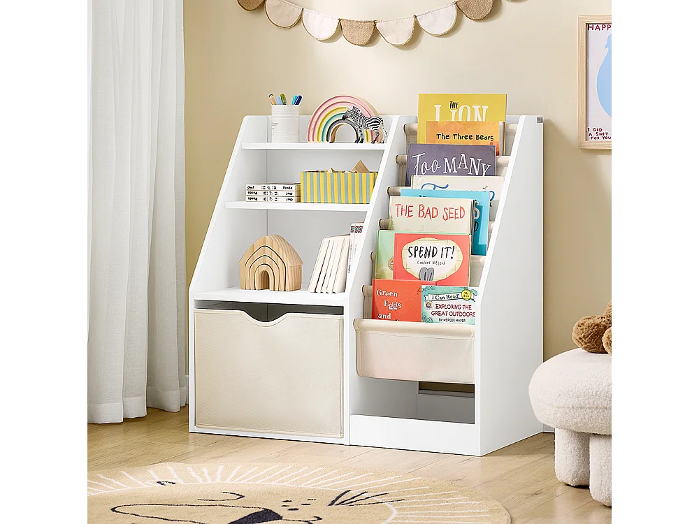 SoBuy Estantería infantil Montessori con 3 estantes y 1 cesta multifuncional para juguetes ahorra espacio Blanco 80x40x80cm