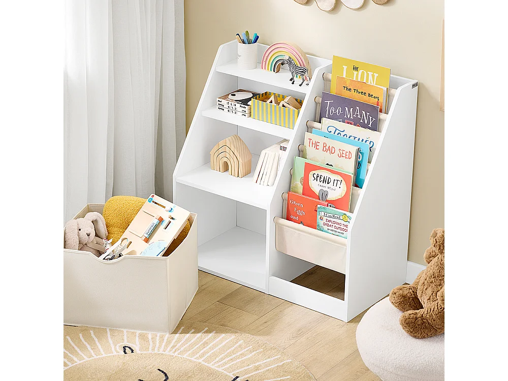 SoBuy Estantería infantil Montessori con 3 estantes y 1 cesta multifuncional para juguetes ahorra espacio Blanco 80x40x80cm