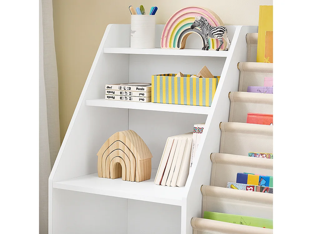 SoBuy Estantería infantil Montessori con 3 estantes y 1 cesta multifuncional para juguetes ahorra espacio Blanco 80x40x80cm