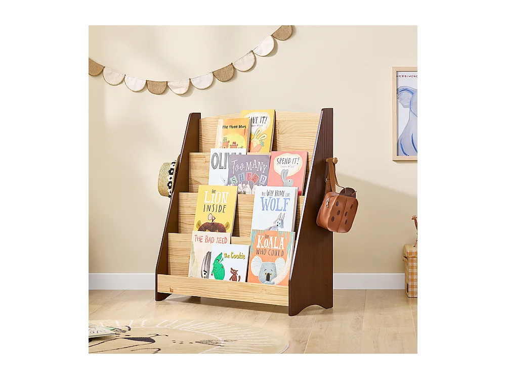 SoBuy Kinder Montessori Bücherregal mit 4 Fächern 2 Haken Spielzeugbox Naturholz 91x30x89 cm