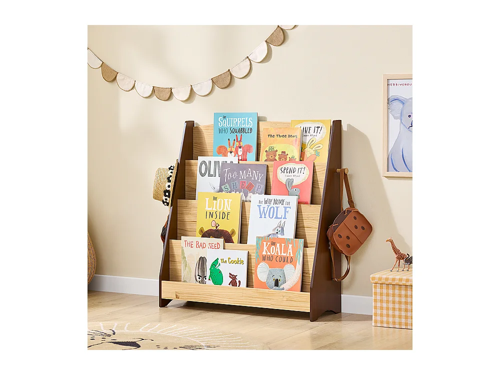 SoBuy Kinder Montessori Bücherregal mit 4 Fächern 2 Haken Spielzeugbox Naturholz 91x30x89 cm