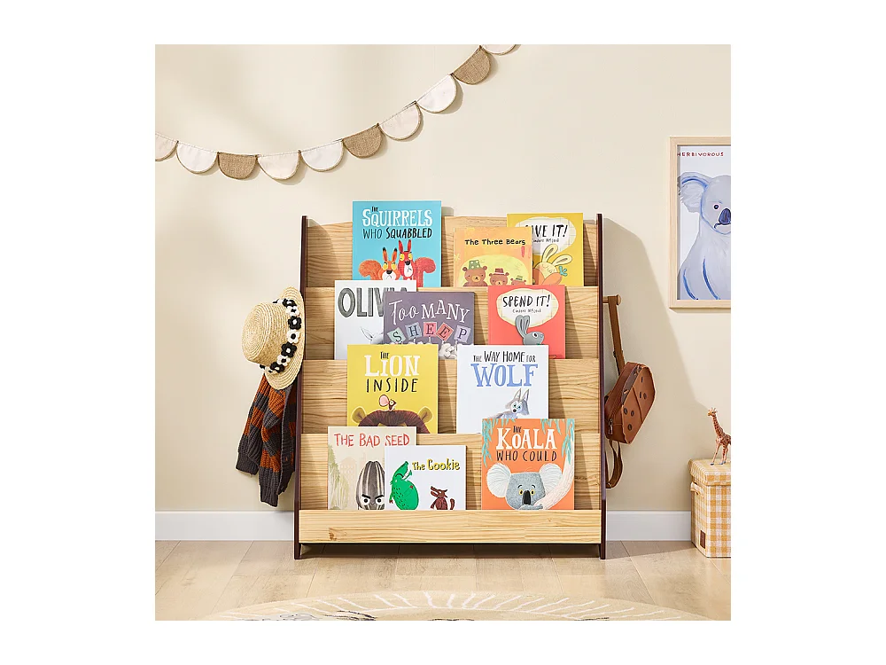 SoBuy Kinder Montessori Bücherregal mit 4 Fächern 2 Haken Spielzeugbox Naturholz 91x30x89 cm