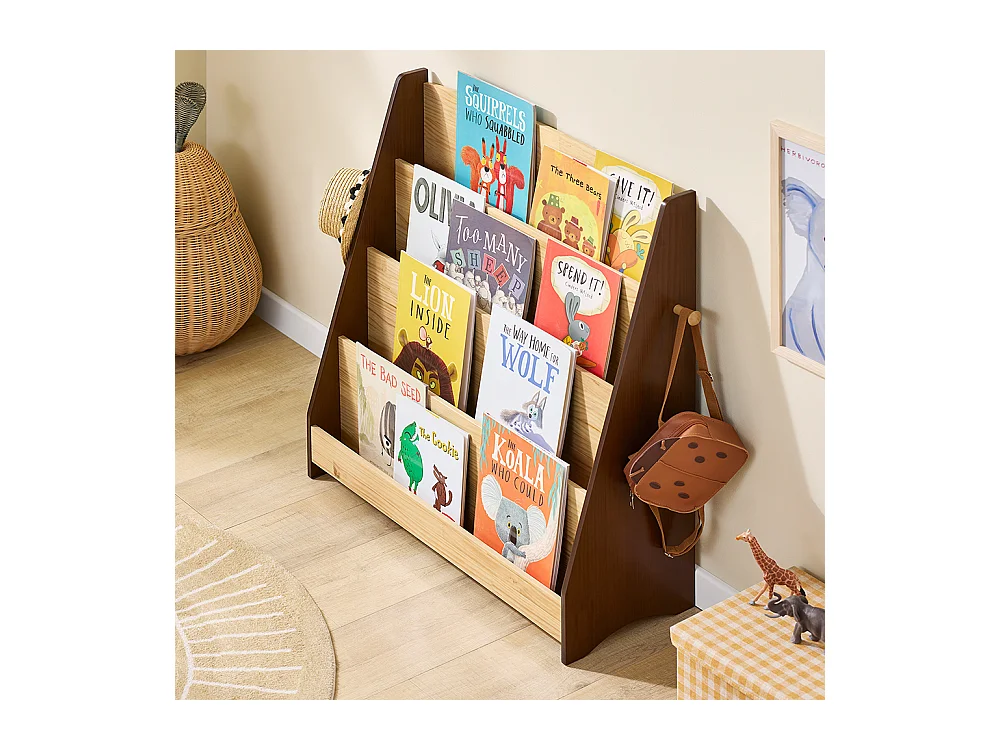 SoBuy Kinder Montessori Bücherregal mit 4 Fächern 2 Haken Spielzeugbox Naturholz 91x30x89 cm