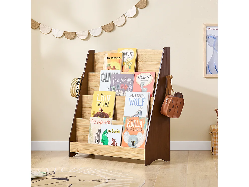 SoBuy Bibliothèque Montessori Enfants 4 compartiments 2 crochets Coffre à jouets Naturel 91x30x89 cm