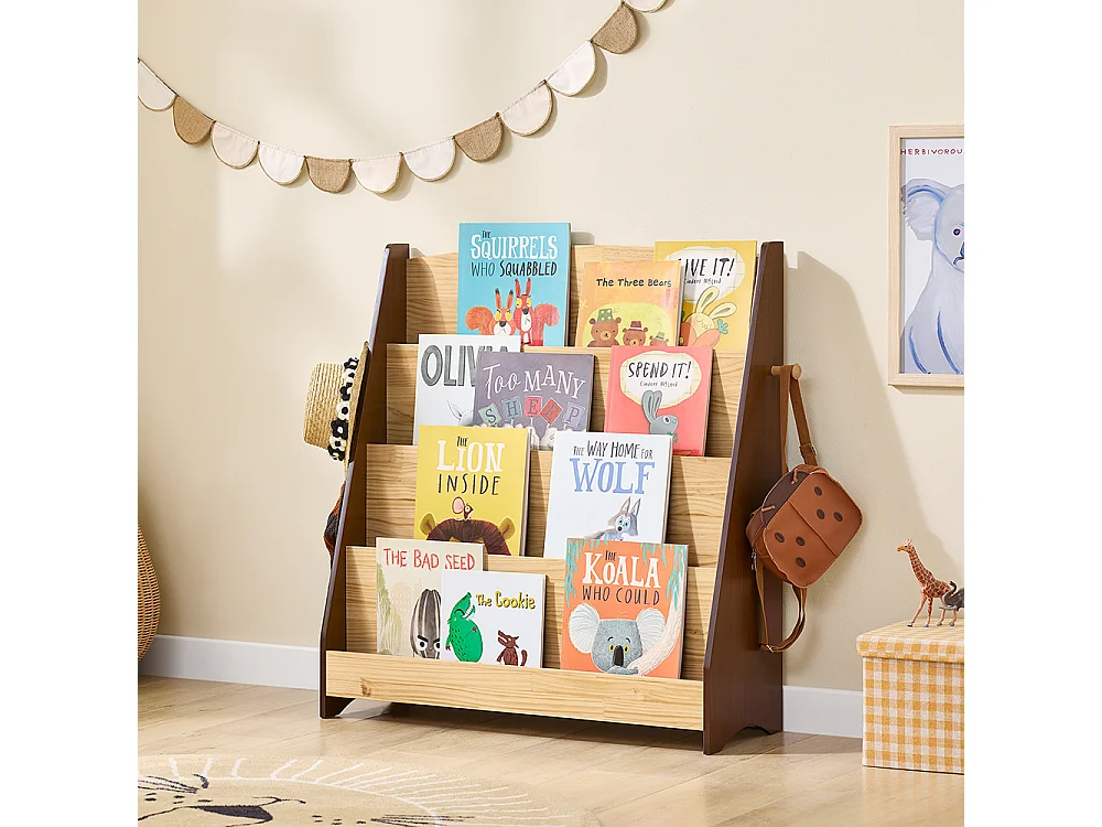 SoBuy Bibliothèque Montessori Enfants 4 compartiments 2 crochets Coffre à jouets Naturel 91x30x89 cm