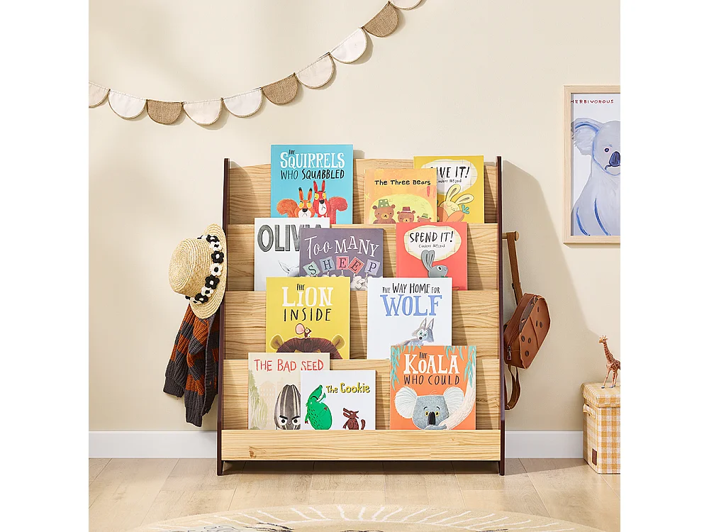 SoBuy Bibliothèque Montessori Enfants 4 compartiments 2 crochets Coffre à jouets Naturel 91x30x89 cm