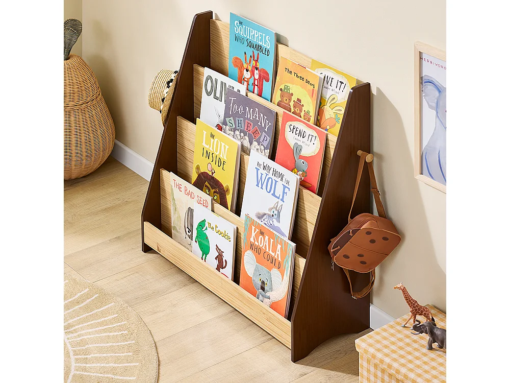 SoBuy Bibliothèque Montessori Enfants 4 compartiments 2 crochets Coffre à jouets Naturel 91x30x89 cm