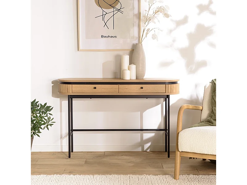 ETHAN - Console arrondie bois 2 tiroirs couleur naturelle