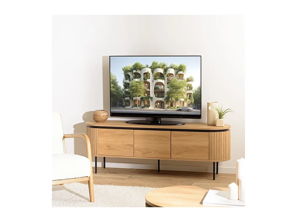 ETHAN - Meuble TV arrondi bois couleur naturelle 3 portes