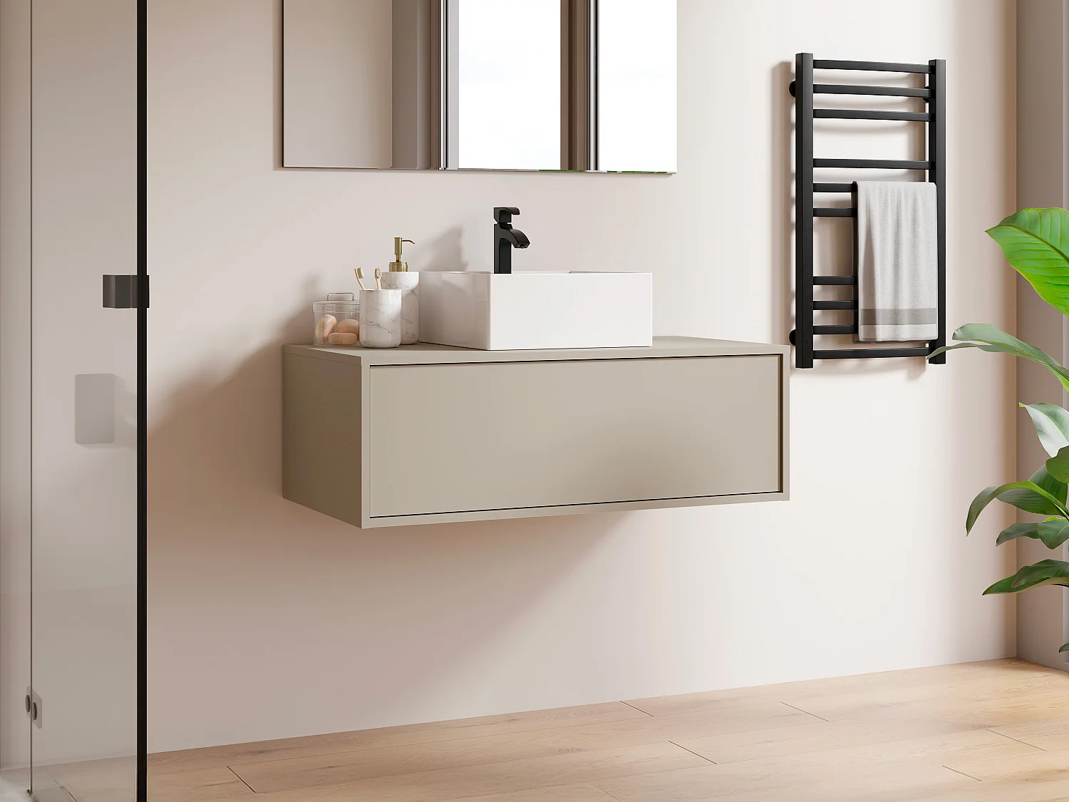Meuble de salle de bain suspendu beige avec simple vasque carrée - 94 cm - TEANA II