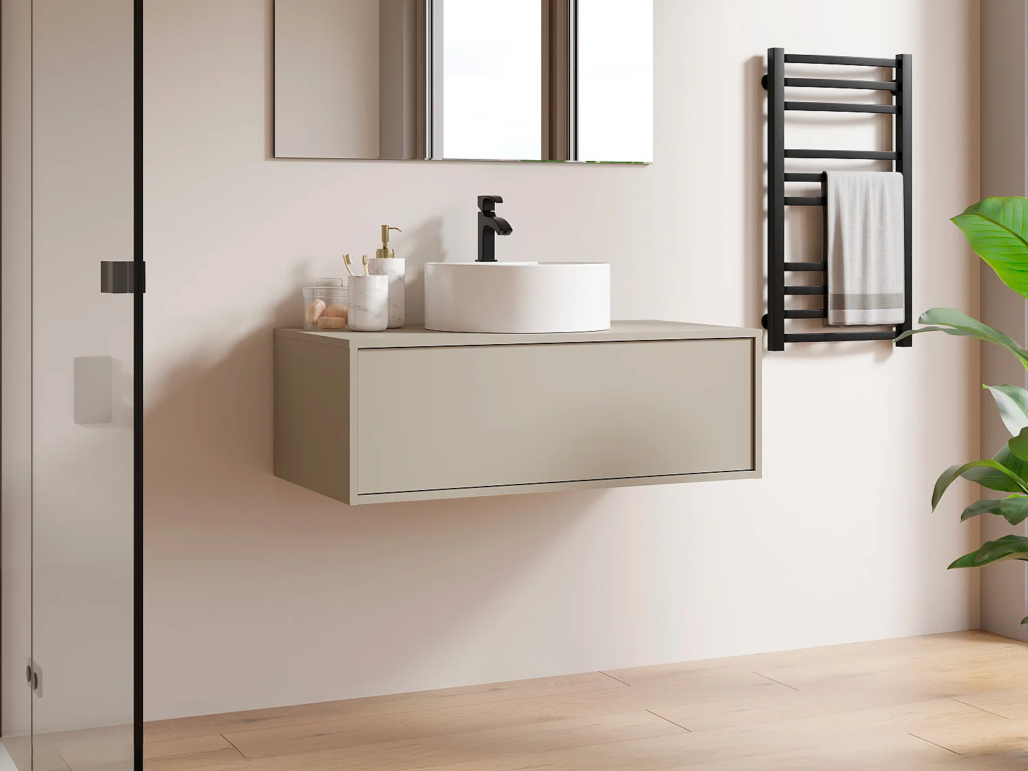 Meuble de salle de bain suspendu beige avec simple vasque ronde - 94 cm - TEANA II