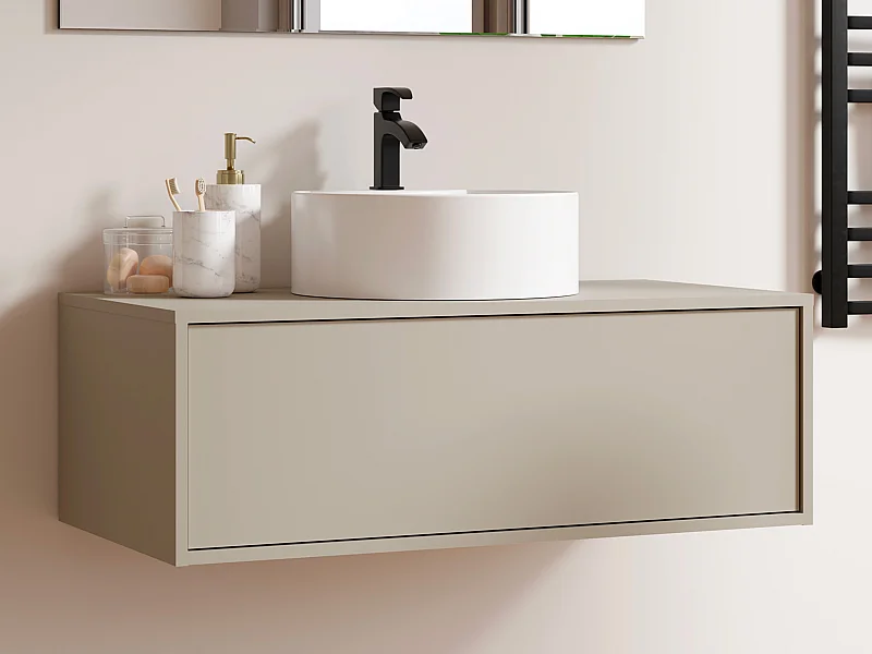 Hangend badkamermeubel met enkele ronde wastafel - kleur beige - 94 cm - TEANA II