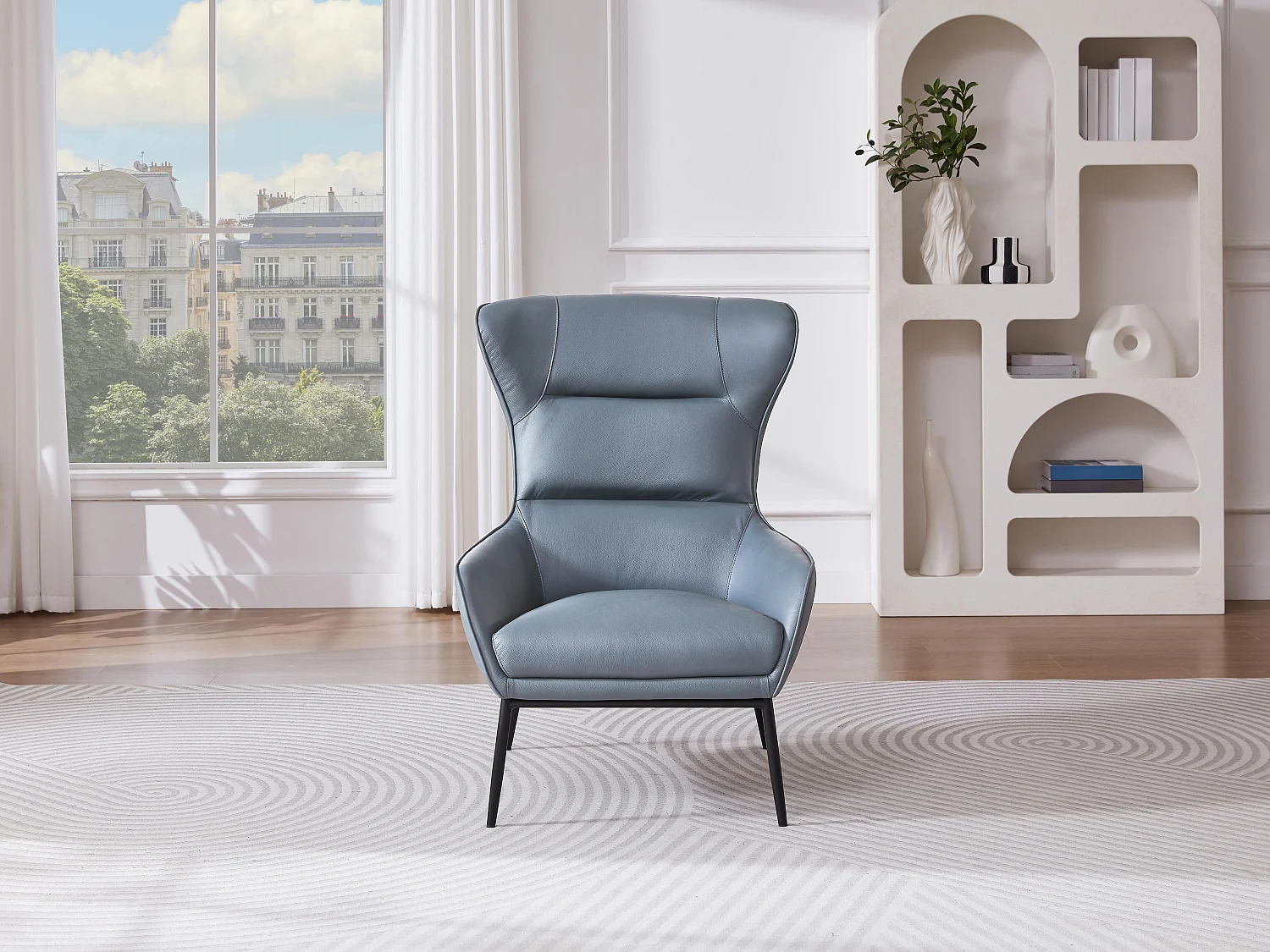 Fauteuil en cuir de buffle gris bleuté DINNIA